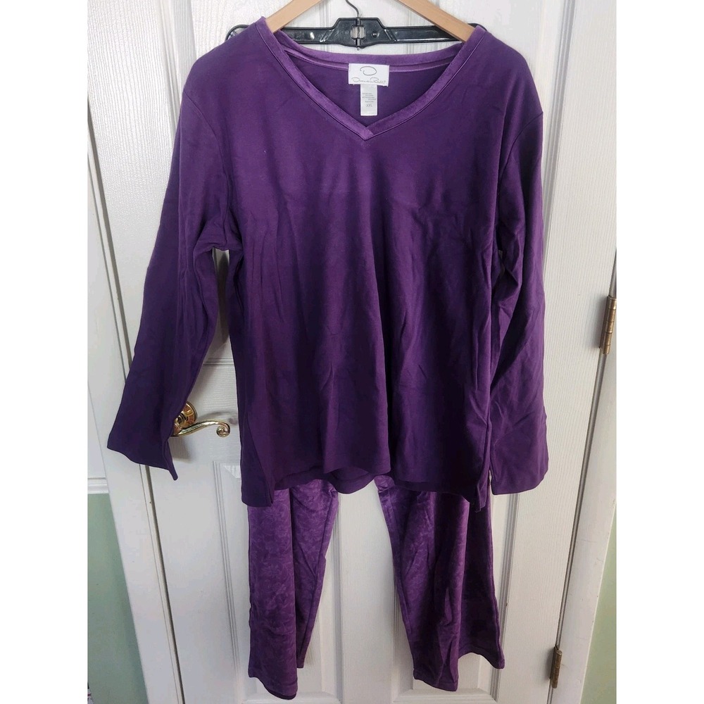 Oscar de la Renta Purple Pajama Set XXL Long Sleeve V-Neck Top Floral Pants